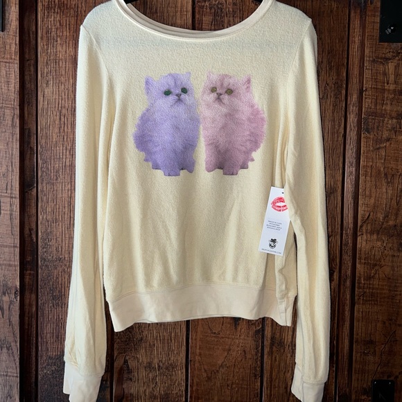 NWT Wildfox Magical Cats Baggy Beach Jumper in Banana Split Yellow Size Small - Picture 2 of 4